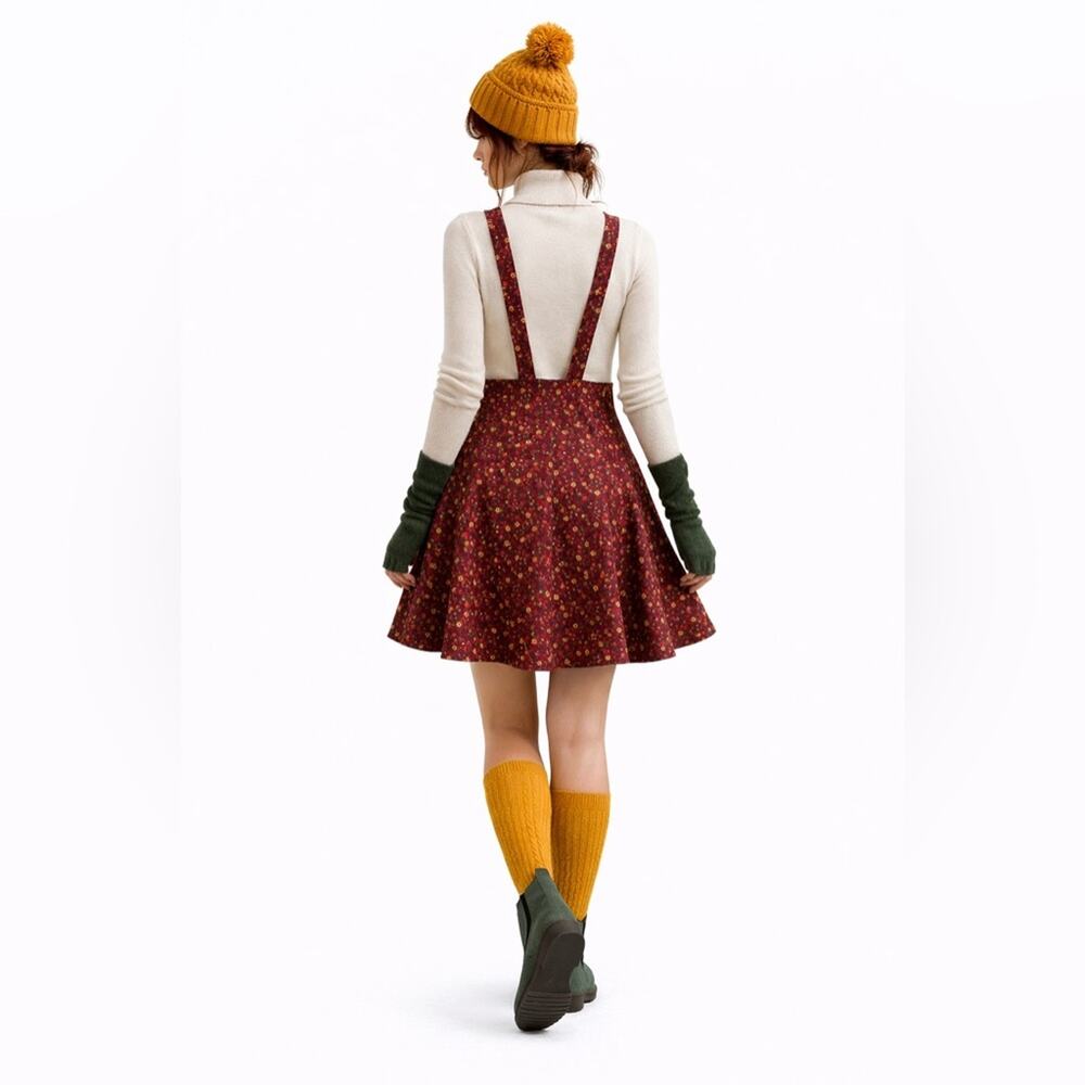 Floral Organic Cotton Pinafore Burgundy Dress, Adjustable Suspender Mini Dress L - Picture 3 of 12